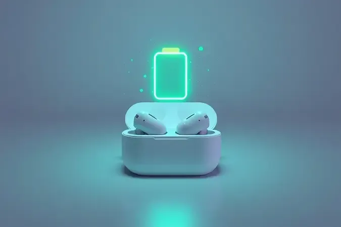 Render 3D de estojo de carregamento de fone Bluetooth com ícone de bateria e partículas de energia