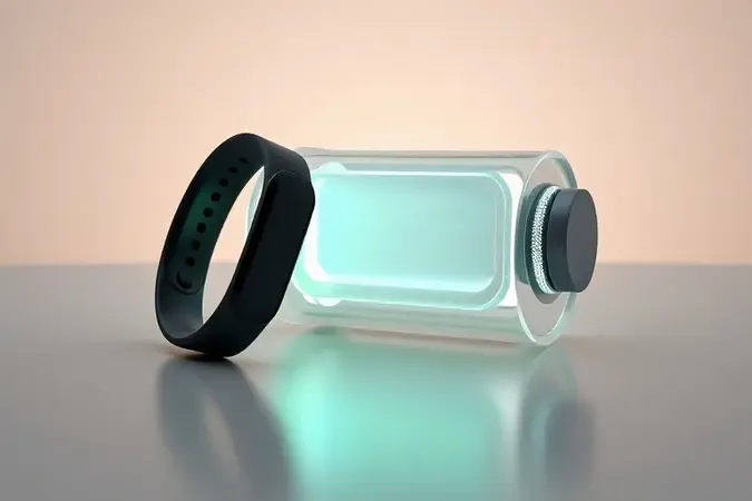 Cena conceitual 3D de pulseira inteligente com elemento abstrato luminoso representando duração e eficiência de bateria