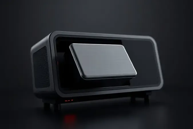 Sistema de bateria substituível para caixa de som amplificada em render 3D conceitual com design modular moderno.