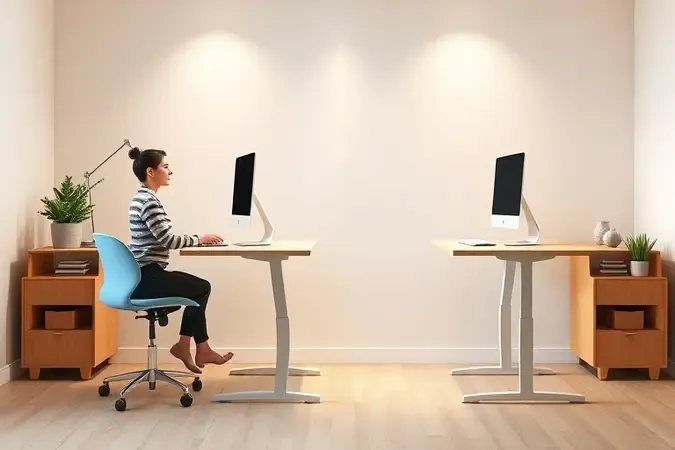 Ilustração conceitual mostrando benefícios de alternar entre posição sentada e em pé em mesa regulável no home office.