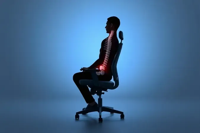 Render 3D conceitual mostrando postura correta da coluna e suporte lombar em cadeira ergonômica sem marca.