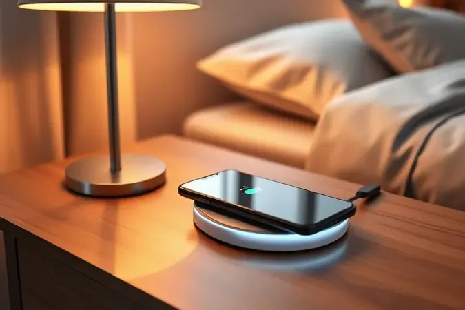 Cena 3D de quarto moderno com carregador por indução em mesa de cabeceira transmitindo praticidade e ambiente livre de fios.