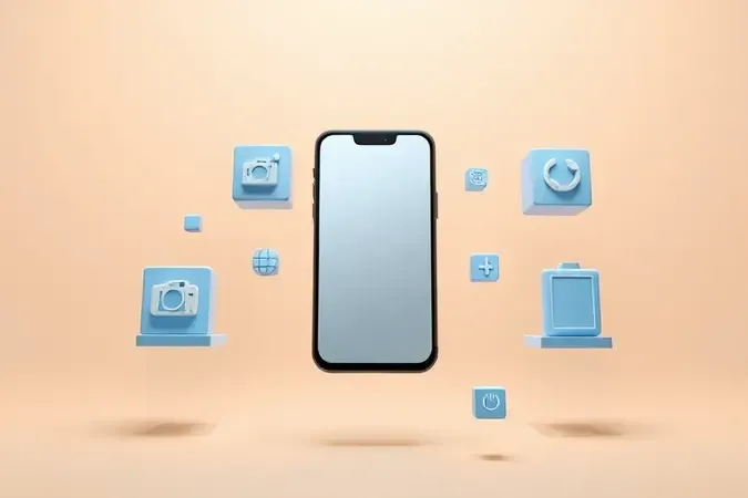 Composição conceitual 3D representando benefícios de smartphones com ícones abstratos de conectividade, câmera e bateria.