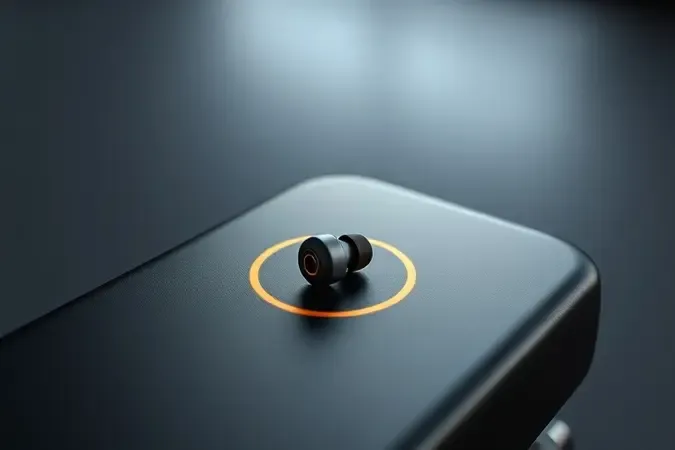 Render 3D conceitual de fone de ouvido sem fio em banco de academia com ondas de energia representando os benefícios do uso durante o treino.