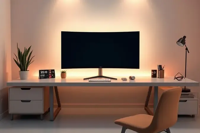 Experiência imersiva com monitor curvo em configuração moderna destacando o conforto visual e o amplo campo de visão.