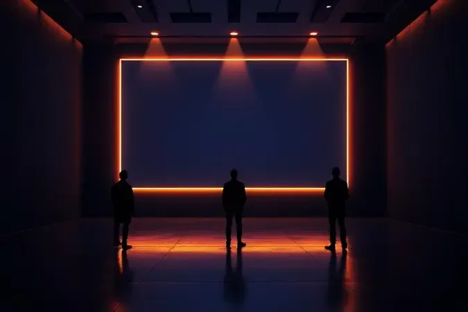 Experiência cinematográfica imersiva com TV de 75 polegadas em ambiente escuro com iluminação ambiente suave e espectadores.