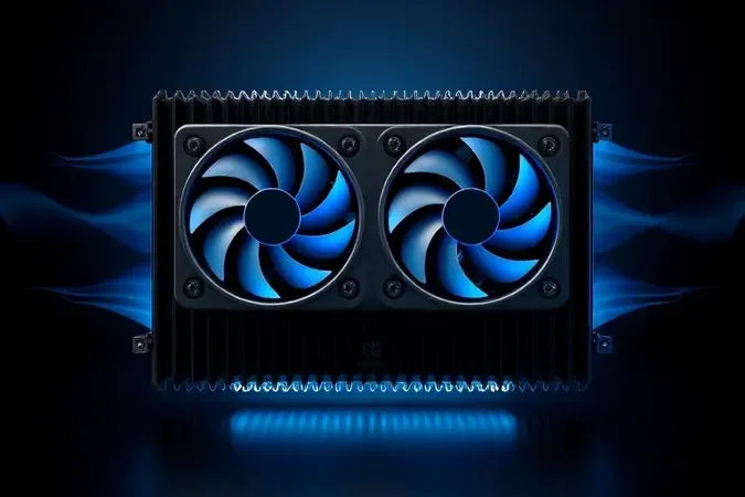 Render 3D conceitual de dissipação térmica com radiador 240mm e ondas de calor em tons azuis.