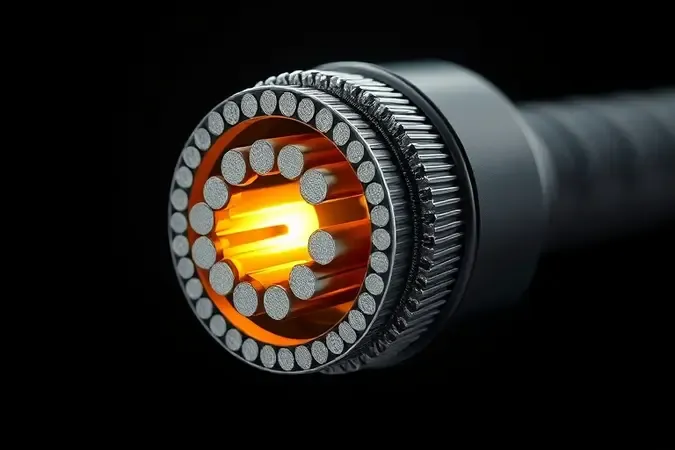 Render 3D em corte transversal mostrando camadas de blindagem interna de um cabo de dados premium.