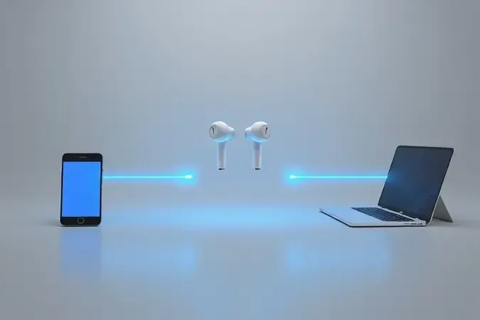 Renderização 3D conceitual de fones TWS conectados simultaneamente a smartphone e laptop via Bluetooth multiponto.