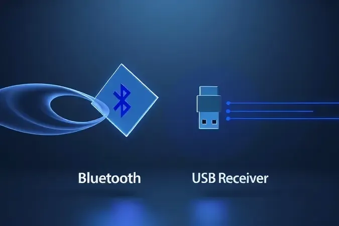 Comparação conceitual 3D entre tecnologias wireless Bluetooth e receptor USB para mouse sem fio.