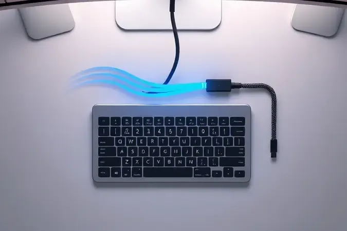 Render 3D conceitual comparando conexão bluetooth sem fio e USB com fio para teclado compacto em composição equilibrada