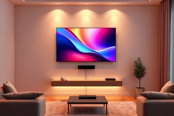 Renderização 3D conceitual de TV moderna conectada por cabo HDMI a dispositivo de mídia em sala de estar minimalista com iluminação ambiente