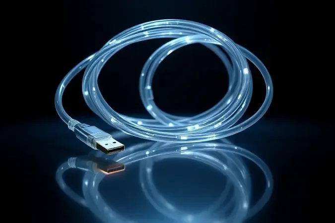 Renderização 3D de cabo HDMI de fibra óptica com pulsos de luz visíveis através do núcleo translúcido sobre superfície reflexiva