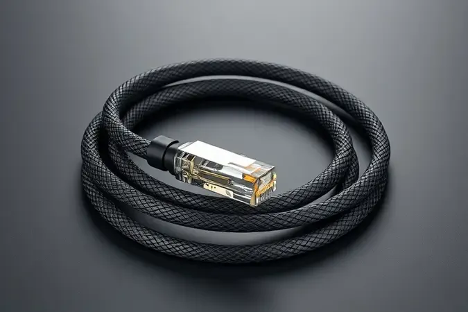 Renderização 3D conceitual de cabo de rede trançado com conector RJ45 e contatos dourados em composição minimalista e elegante.