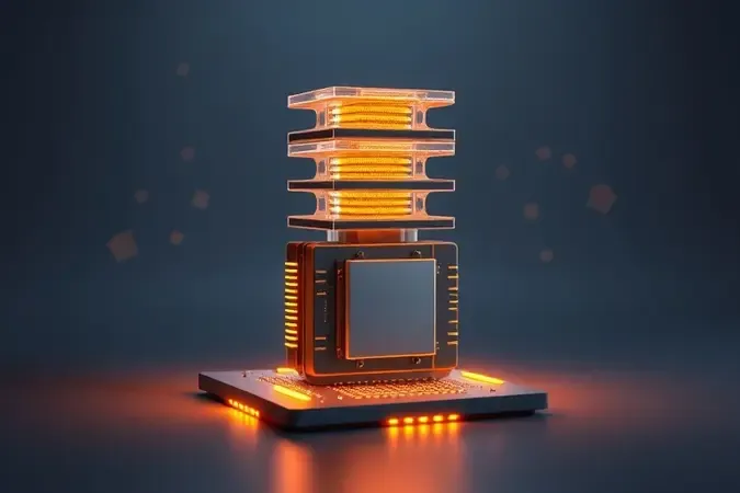 Render 3D conceitual de processador com tecnologia de cache 3D empilhado verticalmente e iluminação dourada