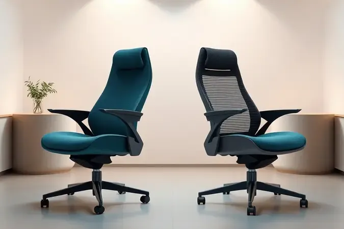 Comparação conceitual entre cadeira gamer e cadeira ergonômica em render 3D minimalista para home office.