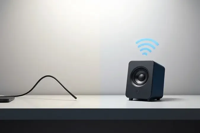 Conceito 3D mostrando escolha entre caixa de som com fio e Bluetooth para PC em composição dividida.