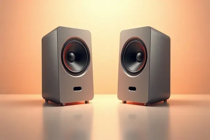 Render 3D de duas caixas de som idênticas posicionadas simetricamente representando conceito de som estéreo.