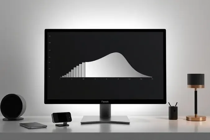 Monitor 27 polegadas exibindo padrão abstrato de calibração de cores em ambiente de estúdio profissional renderizado em 3D.