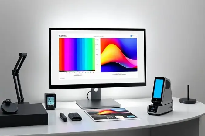 Monitor exibindo gráfico de calibração de cores ao lado de foto impressa com cores fiéis e precisas.
