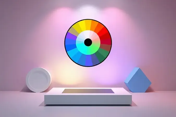 Renderização 3D conceitual sobre calibração de cores com espectro cromático e elementos geométricos em composição minimalista.