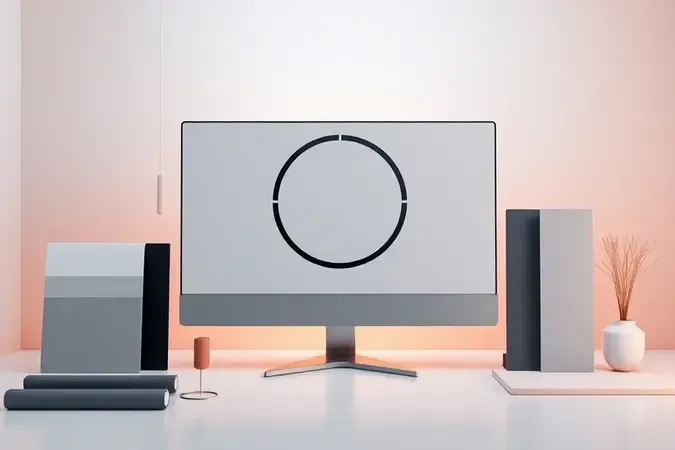 Conceito 3D de calibração de monitor com ferramenta de precisão e amostras de cores para edição fotográfica.