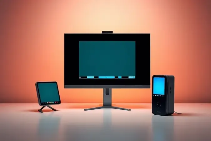 Renderização 3D de calibração de monitor para edição de vídeo com colorímetro e padrões de teste de cor abstratos.