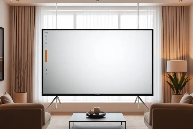 Renderização 3D de TV exibindo padrões abstratos de calibração de imagem para experiência de jogo otimizada.