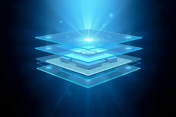 Ilustração 3D em corte das camadas internas de um painel IPS com feixes de luz representando amplo ângulo de visão