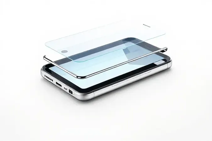 Renderização 3D em corte transversal de smartphone revelando camadas internas de proteção como vidro reforçado e absorção de impacto.