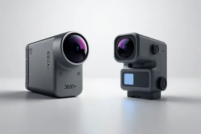 Comparação conceitual 3D lado a lado entre câmera 360 graus com lentes duplas e action cam tradicional com lente única e feixe de luz direcional.