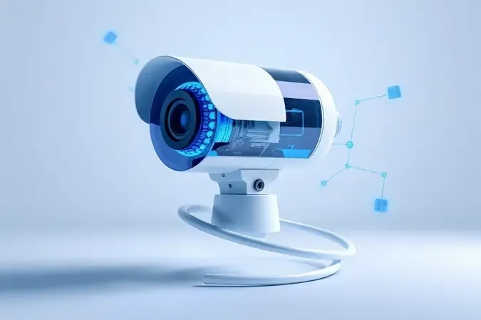 Renderização 3D conceitual de câmera IP com visualização de conectividade de rede e componentes internos