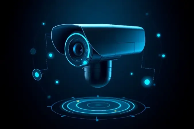Renderização 3D de câmera IP com elementos visuais abstratos representando inteligência artificial e detecção inteligente
