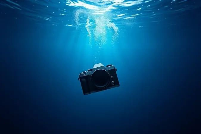 Câmera subaquática conceitual flutuando em oceano profundo com raios de luz e atmosfera de mergulho profissional