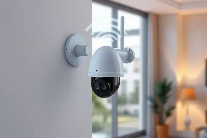 Renderização 3D de câmera Wi-Fi sem fio com ondas de sinal ilustrando conectividade sem fio em ambiente moderno