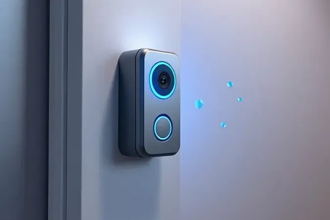 Conceito 3D de campainha inteligente com câmera integrada e LED azul representando segurança e conectividade residencial