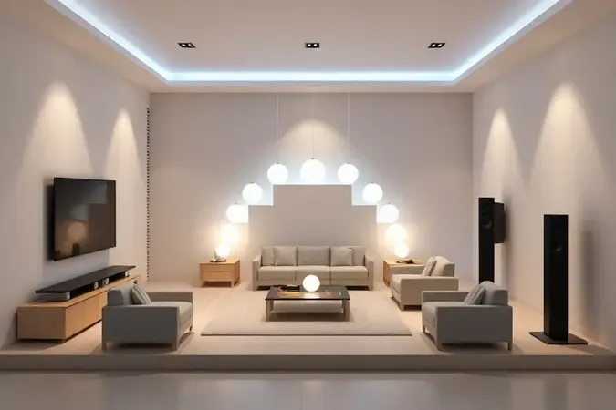 Ilustração 3D conceitual de canais de som distribuídos em uma sala de estar moderna com configurações 5.1 e 7.1.