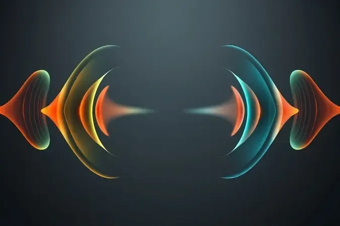 Visualização 3D conceitual do cancelamento de ruído com ondas sonoras simétricas em tons âmbar e teal se neutralizando.