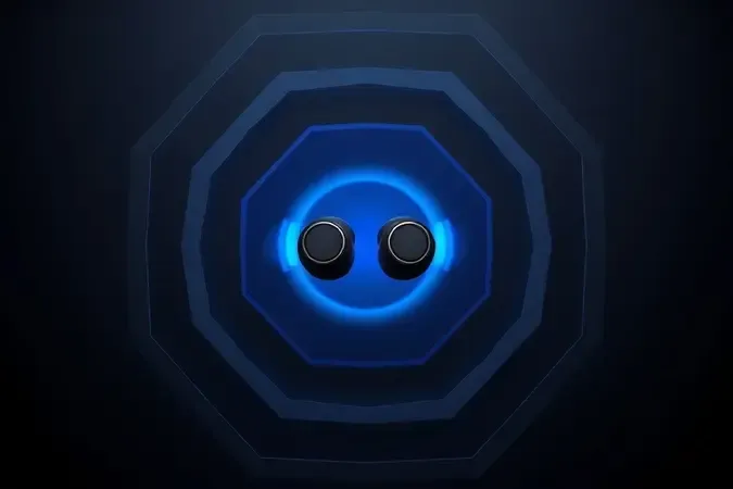 Renderização 3D conceitual de fone TWS com anéis translúcidos representando tecnologia de cancelamento de ruído ativo.