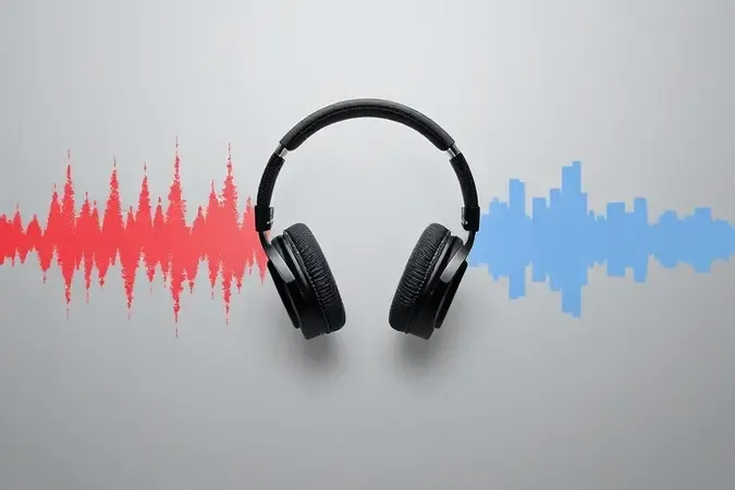Ilustração conceitual 3D comparando visualmente cancelamento de ruído ativo e isolamento passivo em fone over-ear com ondas sonoras contrastantes.