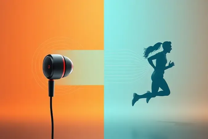 Composição 3D conceitual comparando fone com cancelamento de ruído versus percepção de sons ambientes durante corrida para segurança do corredor.
