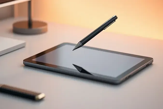 Caneta stylus elegante flutuando sobre tablet moderno em renderização 3D conceitual para trabalho criativo.