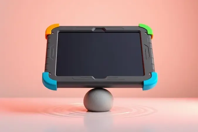 Tablet infantil genérico com capa protetora robusta de cantos reforçados flutuando sobre superfície com efeito de amortecimento de impacto.