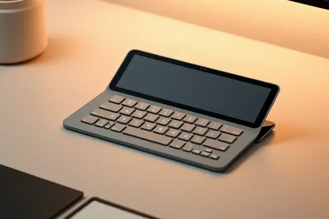 Composição 3D de capa com teclado integrado para tablet em posição semiaberta sobre superfície clean e minimalista.