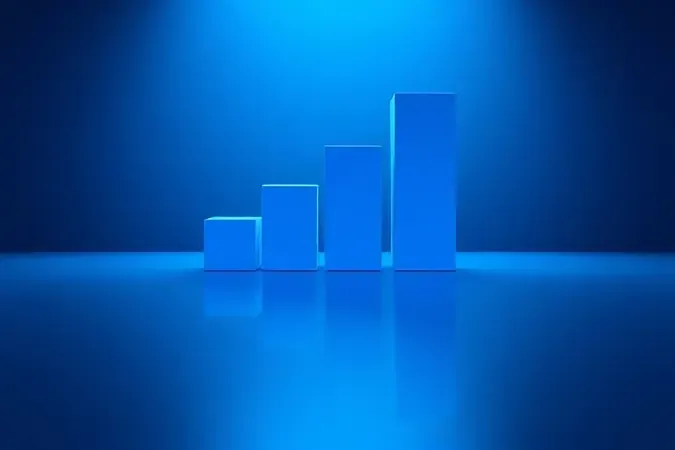 Render 3D conceitual de blocos geométricos abstratos representando capacidade de armazenamento digital em gradiente azul.