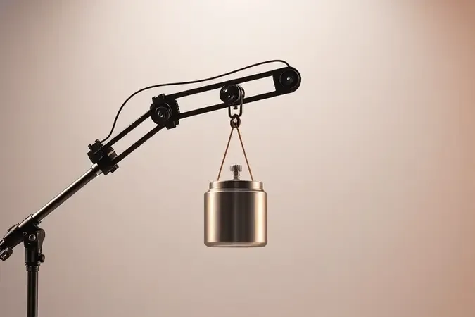 Render 3D conceitual de braço articulado sustentando peso metálico, ilustrando capacidade de carga em ambiente de estúdio minimalista.