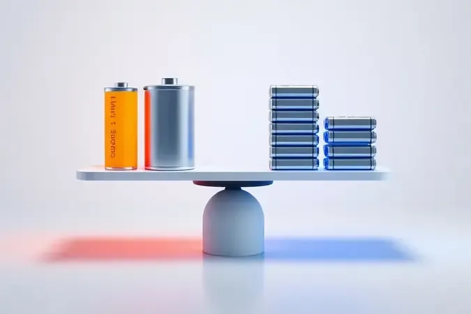 Render 3D conceitual de balança equilibrada comparando capacidade de bateria com ciclos de vida usando pilhas recarregáveis com tons quentes e frios.