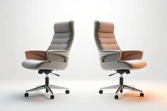 Ilustração 3D conceitual das características de uma cadeira presidente com encosto alto e design ergonômico