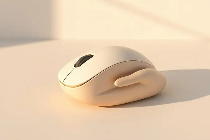 Render 3D conceitual de mouse ergonômico sustentado por forma escultural abstrata representando conforto e ergonomia no trabalho.