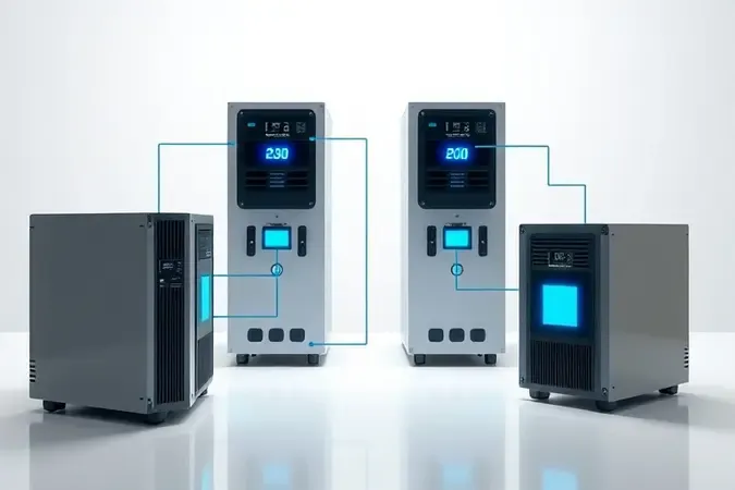 Tecnologias essenciais de UPS representadas por módulos geométricos conectados em renderização 3D